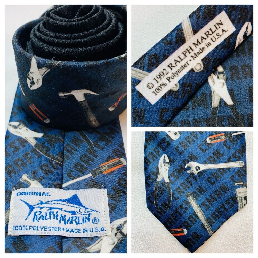 Ralph Marlin Necktie Tools Tie Blue Polyester USA Vtg 1992 Contractor Handyman